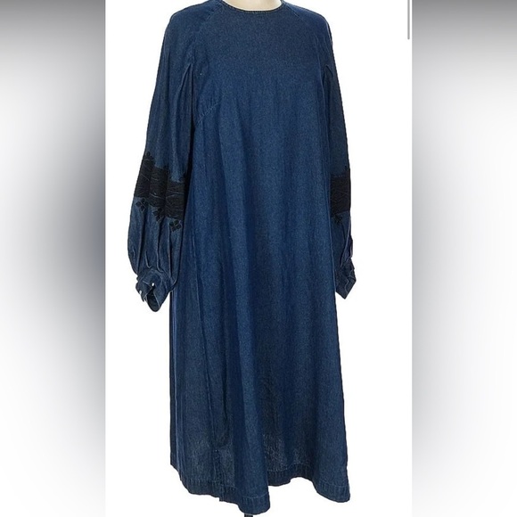 Ne Quittez Pass Open Sky chambray embroidered balloon sleeves dress Sz L - Picture 9 of 13